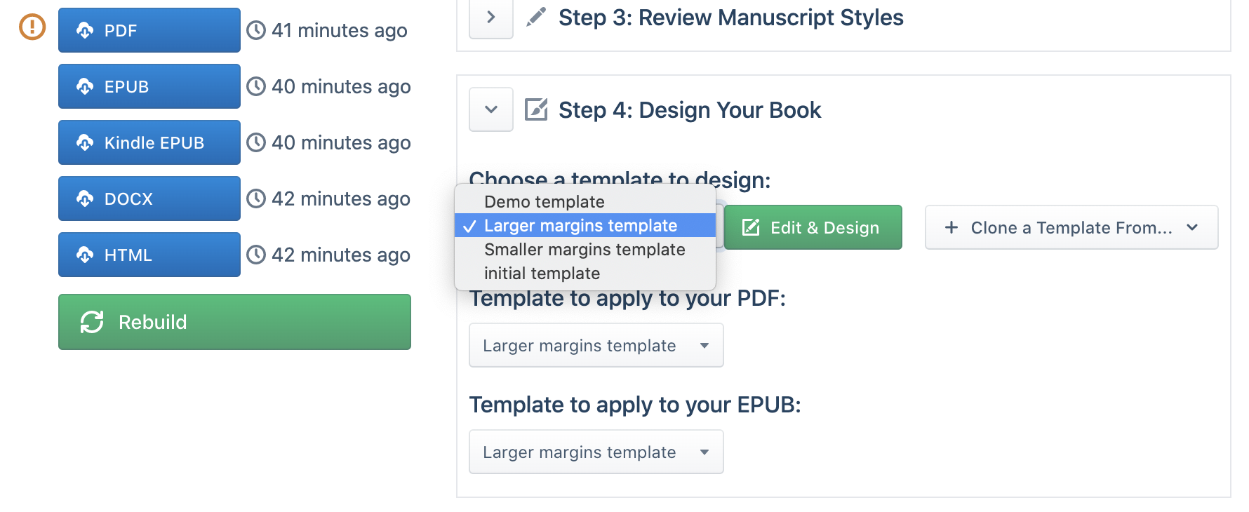 An image of the Hederis user interface, showing the options for creating and switching between design templates.