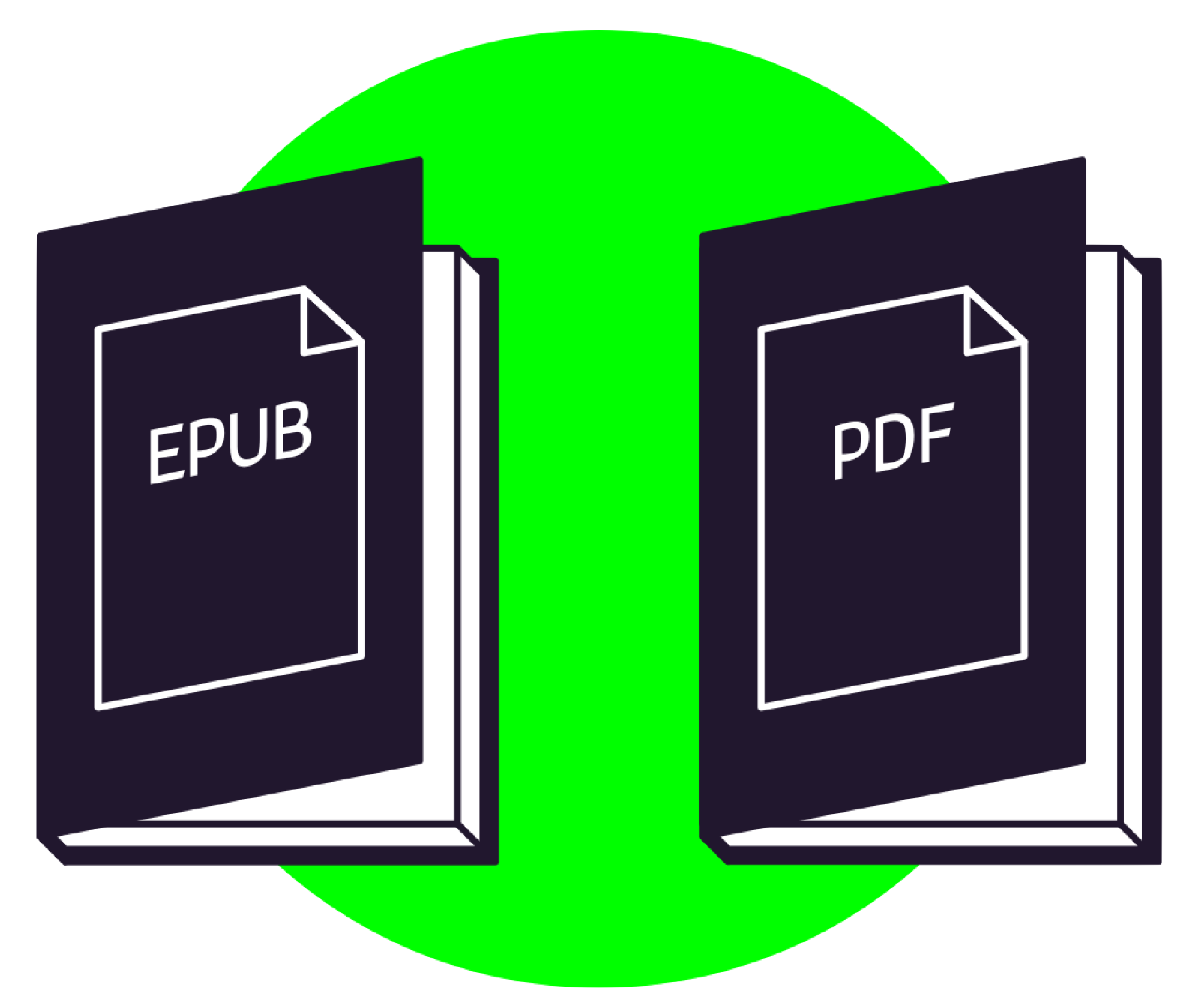 A decorative image of an EPUB file and a PDF file
