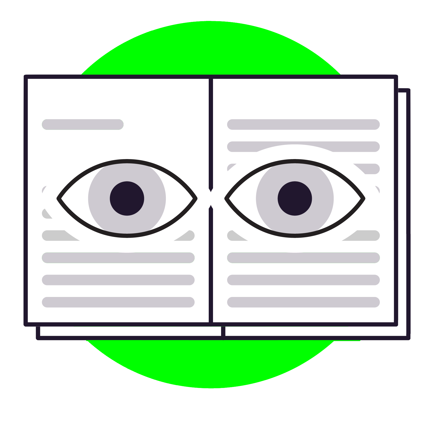 A decorative image of a human eye reviewing book pages